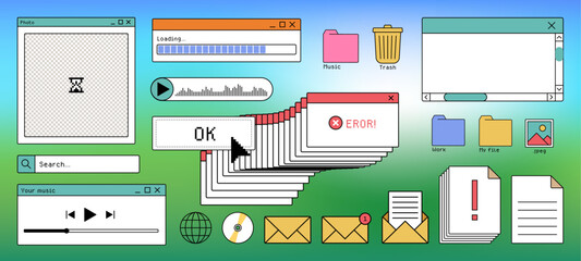 Plakat Retro system error message and old icons on computer screen. Vector illustration of Y2K warning window with critical alert, vintage UI elements, folders, email signs, classic desktop interface design