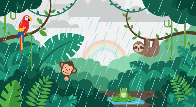 Cute cartoon animals in a rainy jungle with a rainbow.