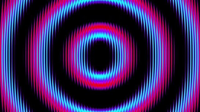 Colorful futuristic neon circles through textured glass. Luminous rings slowly rotating and distorted by ribbed glass for creative projects, digital