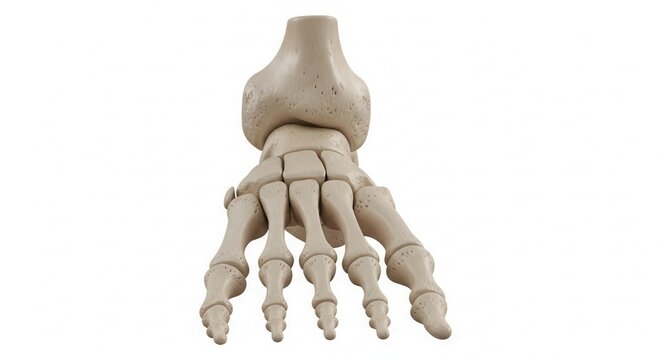 Detailed anatomical 3D rendering of a human foot skeleton showing all bones from a dorsal view on a white background.