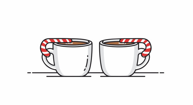 Two white mugs with hot chocolate and candy canes on a plain background