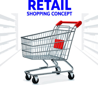 Create a realistic Empty shopping cart in supermarket store interior - retail and shopping concept vector art with white background..
