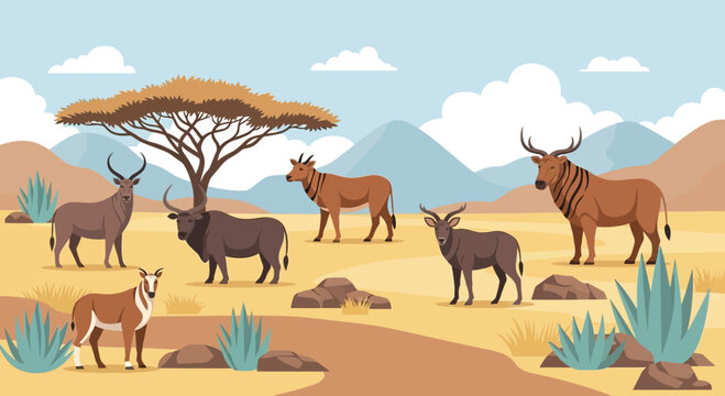 Diverse Herd of African Antelopes Grazing in Savannah Landscape.