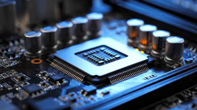 Close Up Macro Shot of Computer Microprocessor on a Blue Illuminated Motherboard With Capacitors and Circuits