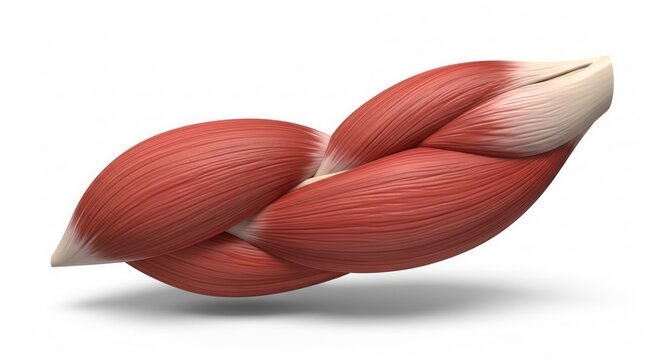 3D rendering of human arm muscles showing detailed anatomical structure and tissue on a white background.
