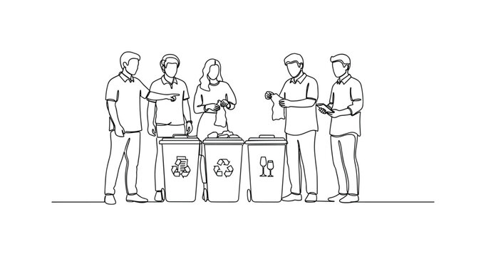 Recycling Education. Minimalistic one-line drawing people learning to separate waste into recycling bins, continuous single black line on white background,