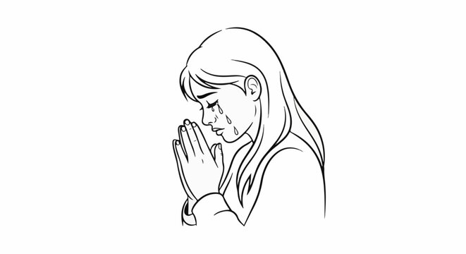 A black and white line drawing of a woman praying with tears streaming down her face