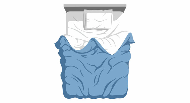 Top view of a neatly made bed with rumpled blue blanket and white pillow