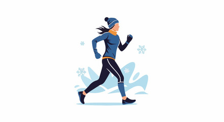Obraz premium Woman running in the snow, dressed for winter, with snowflakes around her