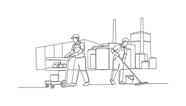 Cleaning Operations. Minimalistic one-line drawing industrial cleaners with mop and cart cleaning factory area, continuous single black line on white