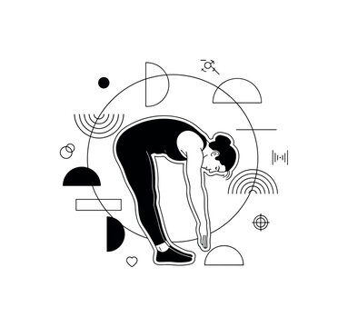 hamstring stretch geometric rings semicircles and thin line icons realistic black and white person bending forward touching toes for hamstring stretch with
