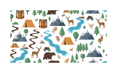 Fototapeta premium eco-travel motifs seamless pattern, repeating pattern, surface design, textile print, modern illustration of tents, backpacks, hiking trails, mountains,