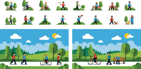 Fototapeta premium People Outdoor Park Activities Illustration Set with Walking, Cycling, Dog Walking and Relaxing Scenes in Nature Flat Vector Collection