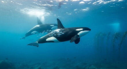 Obraz premium Orcas Swimming Underwater