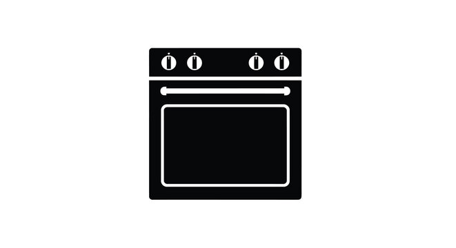 A simple black silhouette illustration depicts a modern electric range with knobs and oven high quality