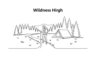 Obraz premium Wilderness Hike. Minimalistic one-line drawing person on trail surrounded by forest and campsite with tent, continuous single black line on white background,