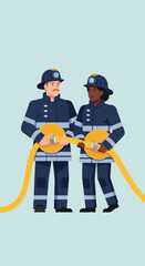 Fototapeta premium Two firefighters in protective gear standing together holding a yellow hose line