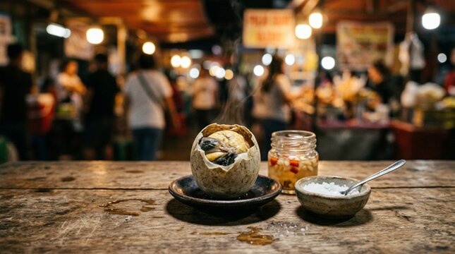 Serving eggs balut with salt and vinegar against the backdrop of the city at night.