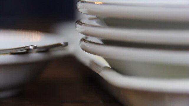 Hidden ant moving between stacked white plates in a clean kitchen setting. Ideal for hygiene, pest control, and food safety concepts.