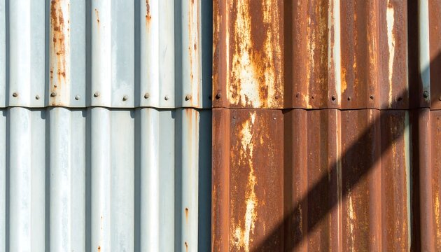 Close-up shot of corrugated metal sheets, one side gray, the other rusted brown. Showing textured surface and shadow play