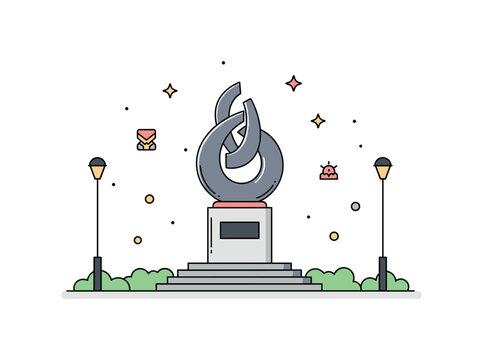 Sculpture street art concept where a public sculpture decorates an urban plaza while tiny sparkle and star icons highlight creativity, community engagement,