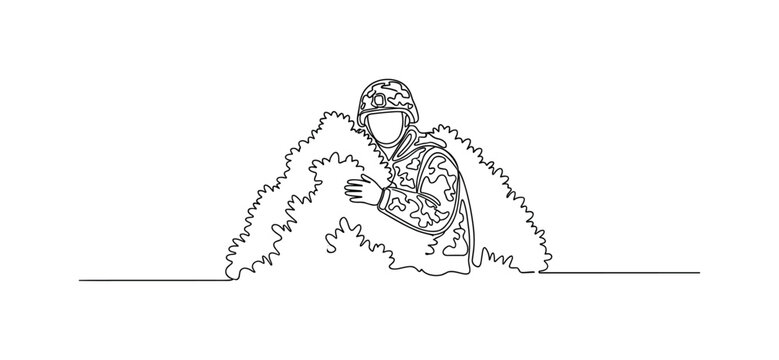 Camo Concealment. Minimalistic one-line drawing person partially hidden in bushes wearing camo, continuous single black line on white background, simple