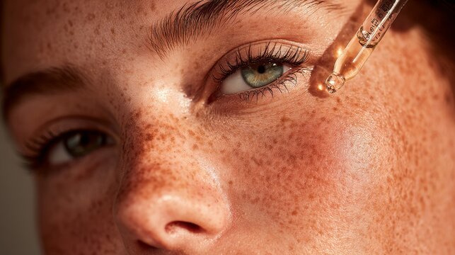 Close-up of a freckled face. Dropper holds serum near the eye. Gentle light highlights the skin's texture. The person looks calm and focused. Ideal for beauty, skincare, or wellness campaigns