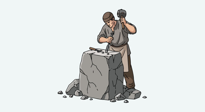 A stone mason carving a block with a hammer and chisel in a manual craft scene
