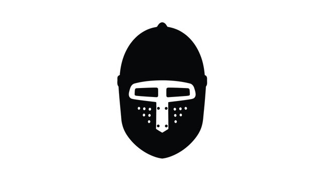 A stark black silhouette depicts a futuristic robotic mask with a t shaped visor high quality