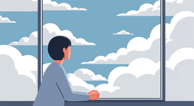 A person gazes out of a large window at a sky filled with fluffy white clouds