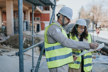 Construction professionals inspect blueprints at an outdoor building site while wearing hard hats and hi vis vests. They discuss plans and safety measures near scaffolding and construction materials. © qunica.com