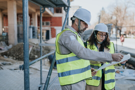 Construction professionals inspect blueprints at an outdoor building site while wearing hard hats and hi vis vests. They discuss plans and safety measures near scaffolding and construction materials.