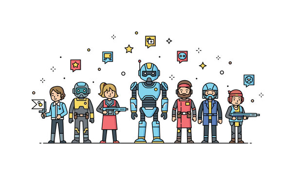 Game characters sci-fi concept where futuristic heroes and robots pose together while tiny sparkle and star icons highlight strategy, cooperation,
