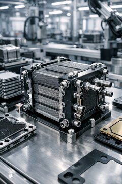 Industrial plate heat exchanger assembly on factory workbench in high-tech manufacturing plant
