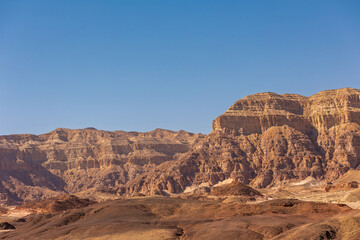 Mountains in the desert. Landscape of the beautiful and colorful desert of Timna National Park. Israel.