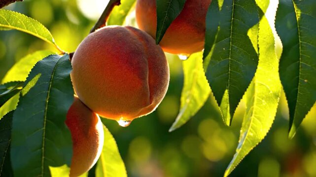 Ripe, fuzzy stone fruits hang heavy on a sun-drenched tree branch amidst lush green foliage, showcasing their vibrant colors and delicate texture
