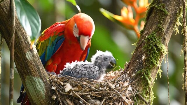 A vibrant adult parrot feeds its fluffy chick in a cozy nest nestled within a moss-covered tree branch in a lush, green forest environment