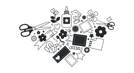 Obraz premium Craft supplies arranged in a heart shape a black silhouette