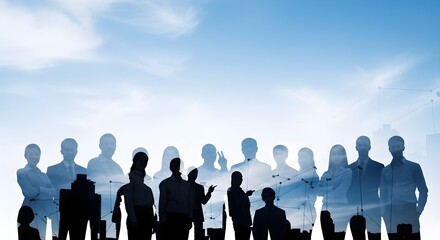Naklejka premium Abstract Double Exposure of People Silhouettes with Blue Cloudy Sky Background
