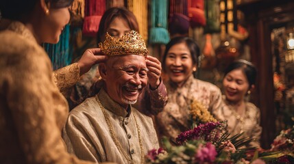 Obraz premium Joyful wedding ceremony with groom wearing traditional attire and family celebrating together indoors showcasing cultural heritage happiness bonding festive occasion emotional moment