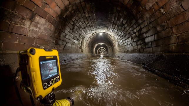 Sewer inspection camera monitoring underground tunnel with flowing wastewater showcasing infrastructure maintenance urban drainage system engineering safety inspection technology