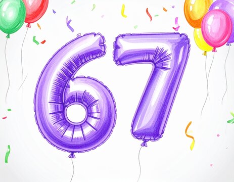 Pencil drawing of purple number 67 balloon. Sketch for birthday or anniversary party