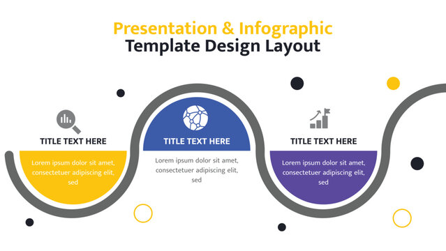 Three step infographic presentation layout with icons, titles, and descriptive text boxes for information