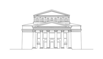 Fototapeta premium Classical Theater Facade. Minimalistic one-line drawing front of historic theater building with decorative columns, continuous single black line on white