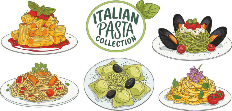 Italian pasta collection illustration featuring various dishes like spaghetti ravioli and rigatoni perfect for menu design and culinary branding