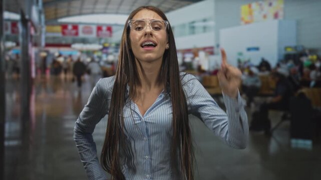 Young woman pointing finger with raised hand and stern face, wearing clear glasses and striped button shirt, leaning forward in busy airport; frustration.