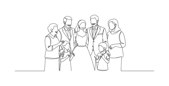 Event Celebration. Minimalistic one-line drawing family members standing together, smiling, and interacting during wedding, continuous single black line on