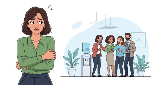 Anxious Woman Feeling Left Out By Colleagues At Work.