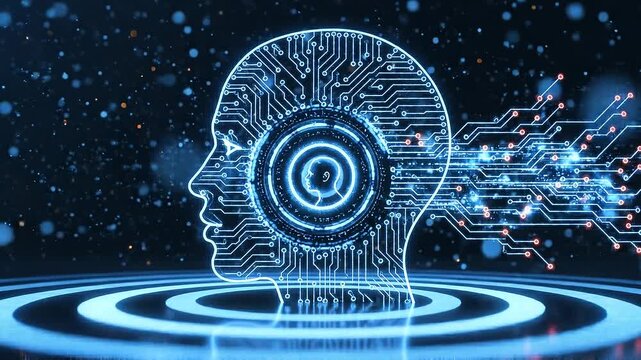 A glowing blue digital human head outline with intricate circuit board patterns and a pulsating core representing artificial intelligence and innovation