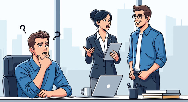 Confused man in office with colleagues discussing work.